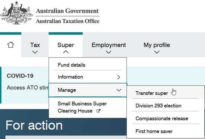 A screengrab of the myGov website showing the transfer options