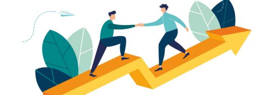 Illustration of one person helping another person while standing on a giant arrow