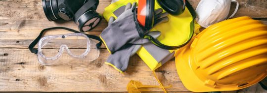 Floorboards with worker safety gear displayed on it