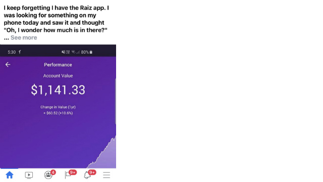 A screenshot from Facebook of a person's Raiz balance