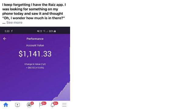 A screenshot from Facebook of a person's Raiz balance