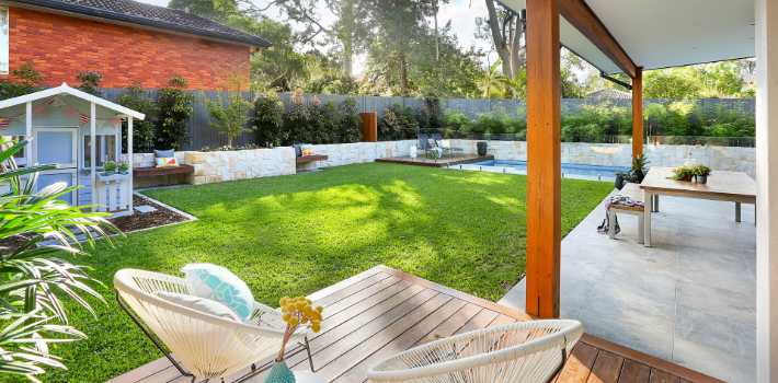 Backyard with pool and landscaping