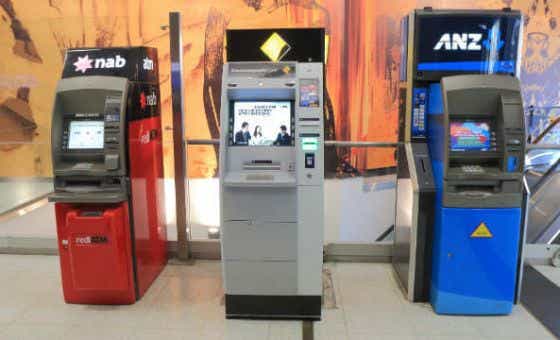 A row of ATMs, from NAB, CommBank and ANZ