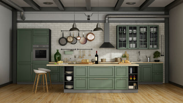 Green makes a subtle statement in this kitchen.