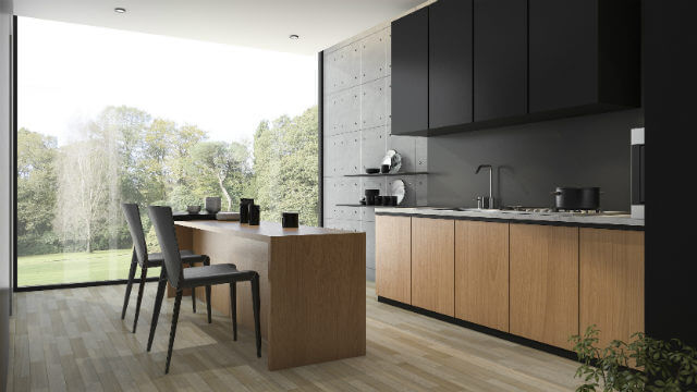 A galley-style kitchen in front of a feature window.