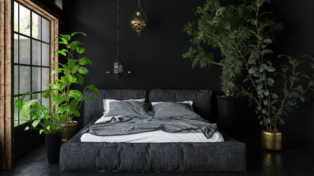 Pendant lights over a bed.