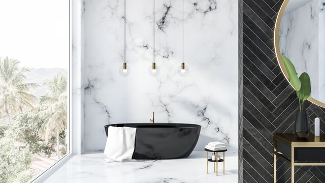 marble and herringbone bathroom