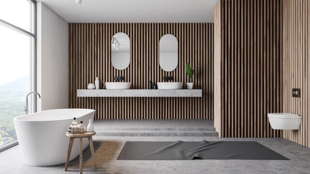 wood and concrete bathroom