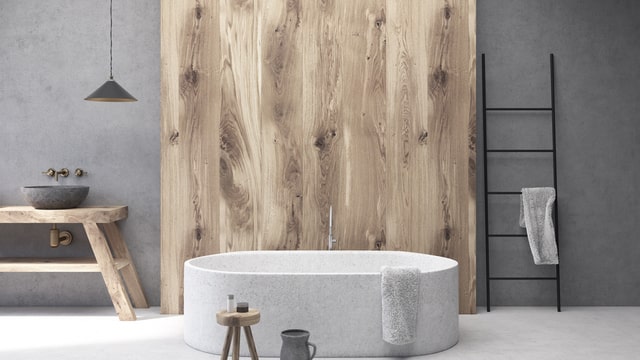 wood and concrete bathroom