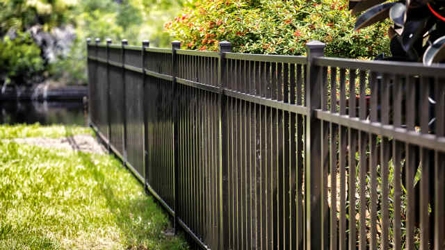 A picture of a black metal fence with greenery around it.