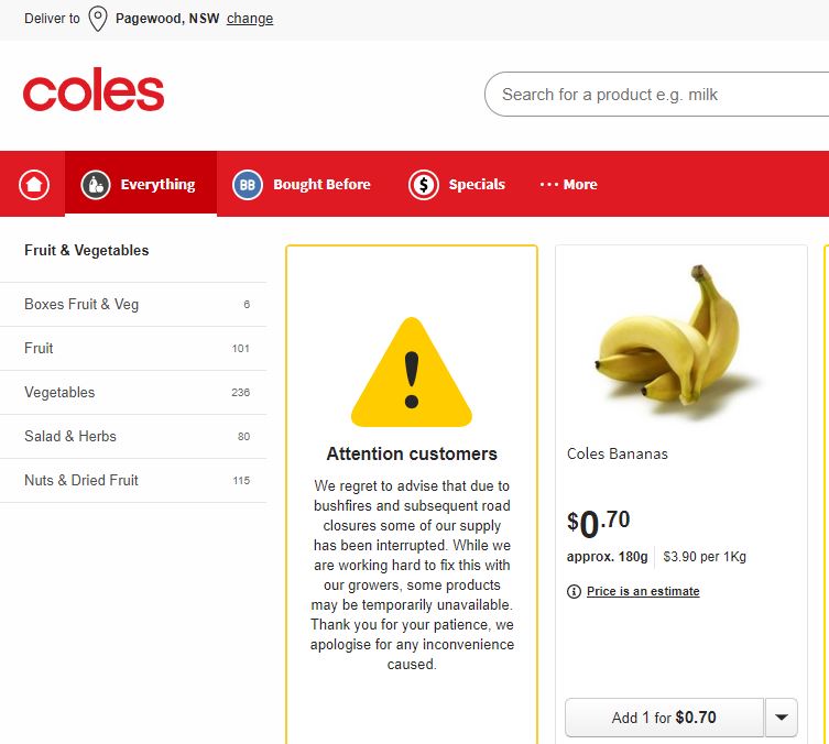 Coles fruit and vegetable supply warning