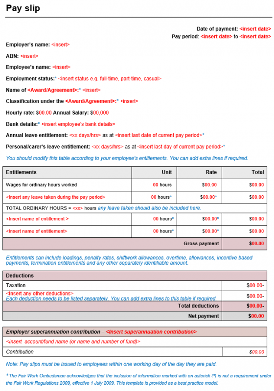 Payslip Template - Fair Work Ombudsman