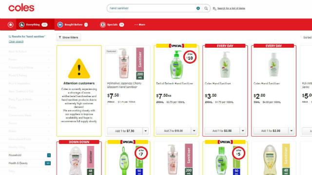 A screenshot of Coles Online's warning to customers about low supplies of hand sanitiser products, taken 7 January, 2020. Image: Canstar