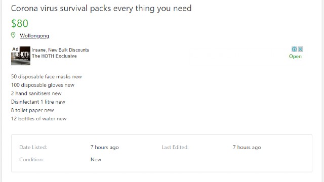 Sellers on Gumtree advertising coronavirus survival packs, including toilet paper and hand sanitiser