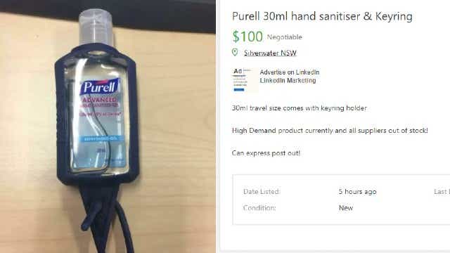 30mL bottle of hand sanitiser $100 on Gumtree