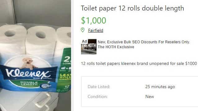 An ad for toilet paper asking for $1000 on Gumtree
