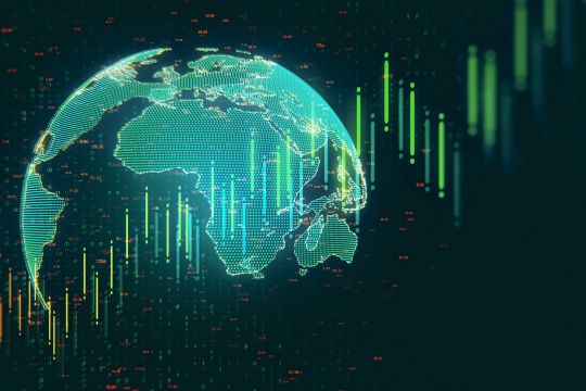 Forex chart with globe on dark background.