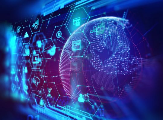 Overlay image of the world with tech symbols