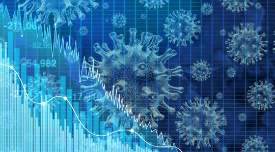 Virus image overlay on investment graph