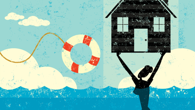 Illustration woman floating house