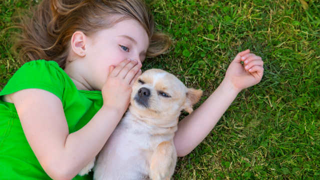 Girl and dog in backyard