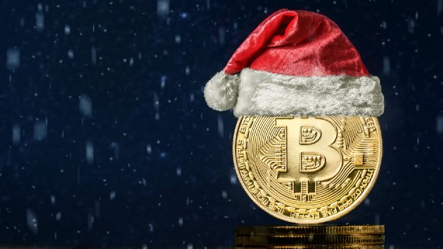 Bitcoin with Christmas hat