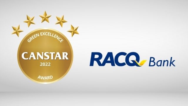 Canstar 2022 Green Award Winner logo and RACQ BANK logo floating on a grey background