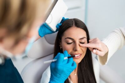 Woman with brunette hair having a doctors consultation representing Health Insurance for Cosmetic Surgery.