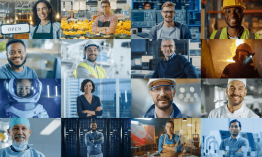 A montage of lots of people of different ages in different workplaces contemplating "how much super should I have at my age?"