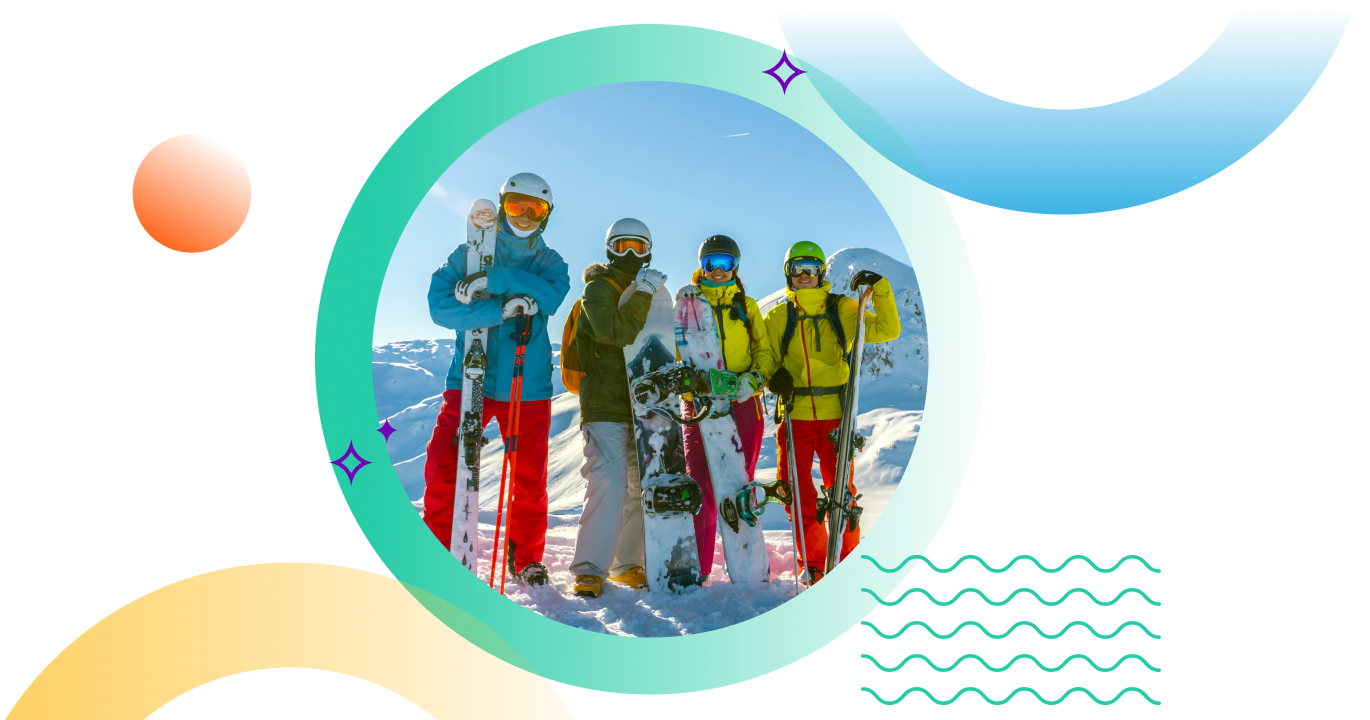 A group of snowboarders posing with their boards representing travel Insurance for snowboarding.