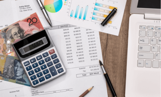 A calculator with documents showing investment options and Australian money.