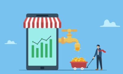 vector image of phone looking like a shop front, a gold tap with money pouring out into a bucket