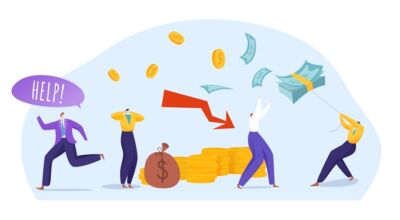 Graphic cartoon of four people wrestling a wad of cash, falling coins, bag of money